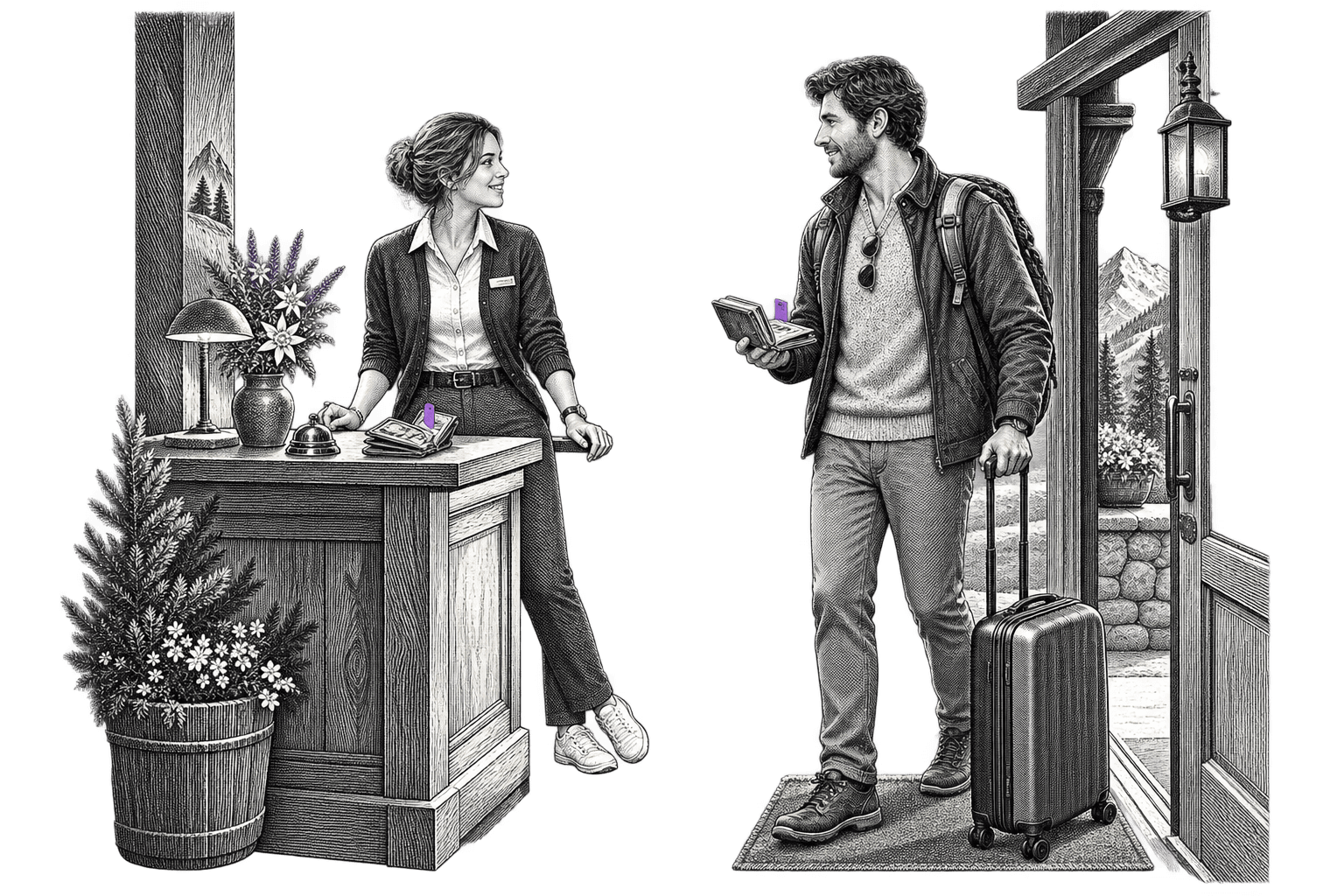 Eine illustrierte Hotelmitarbeiterin begrüßt einen Reisenden. Violette Markierungen auf ihren persönlichen Instrumenten stehen für ihre Software-Agenten.