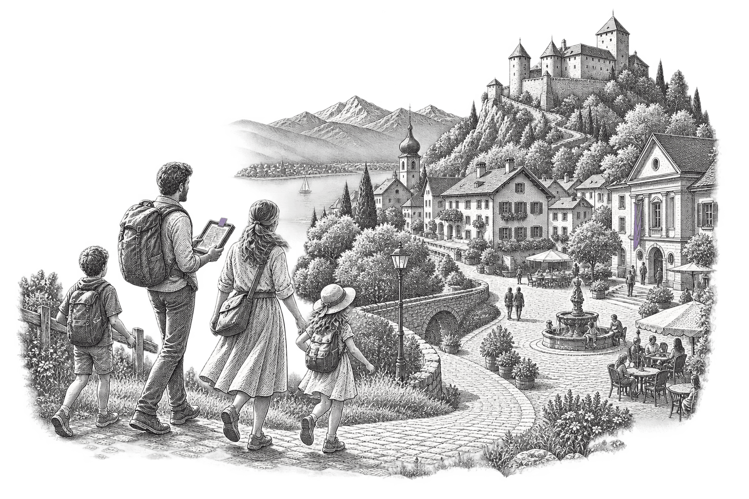 Eine illustrierte Familie blickt auf einen Ort am See mit einer Burg und nutzt dabei einen digitalen Reiseführer.