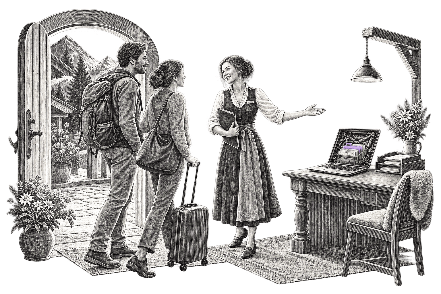 Eine illustrierte Gastgeberin begrüßt zwei Reisende. Laptop und Unterlagen bleiben auf einem Schreibtisch im Hintergrund.