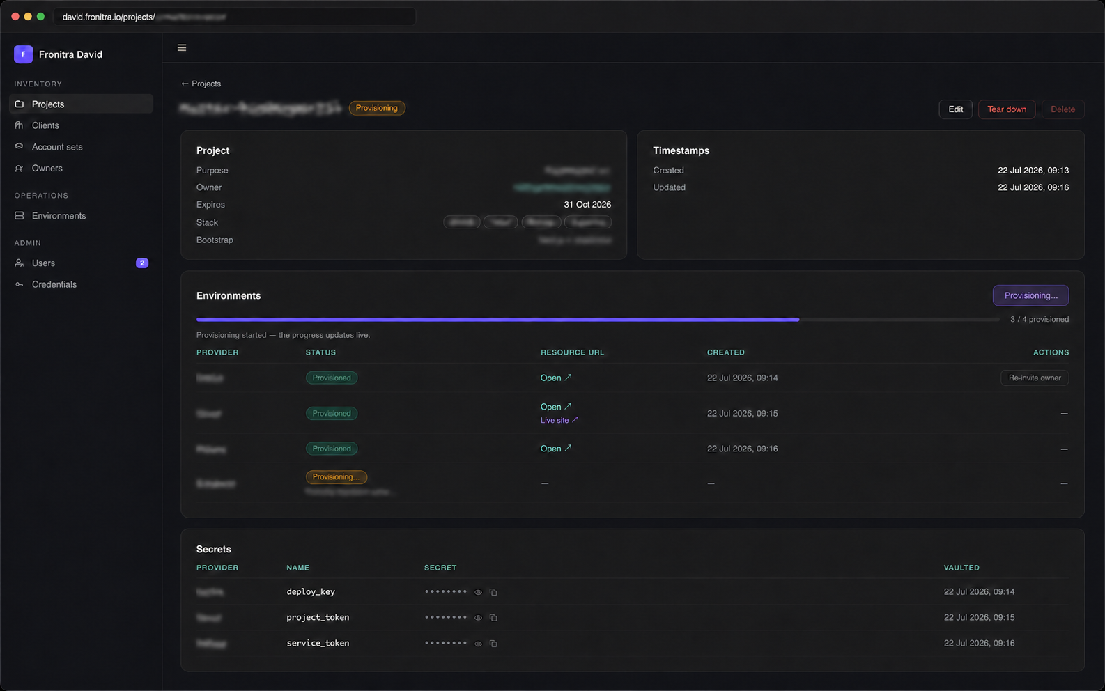 David operator interface showing a project, service provisioning, lifecycle status and vaulted secrets. Identifying project, client and technology provider information is blurred.