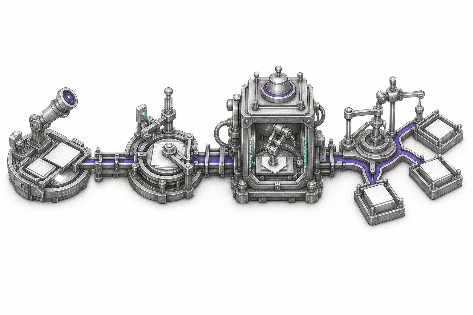 Four connected mechanical stations moving from first signal to a scaled system