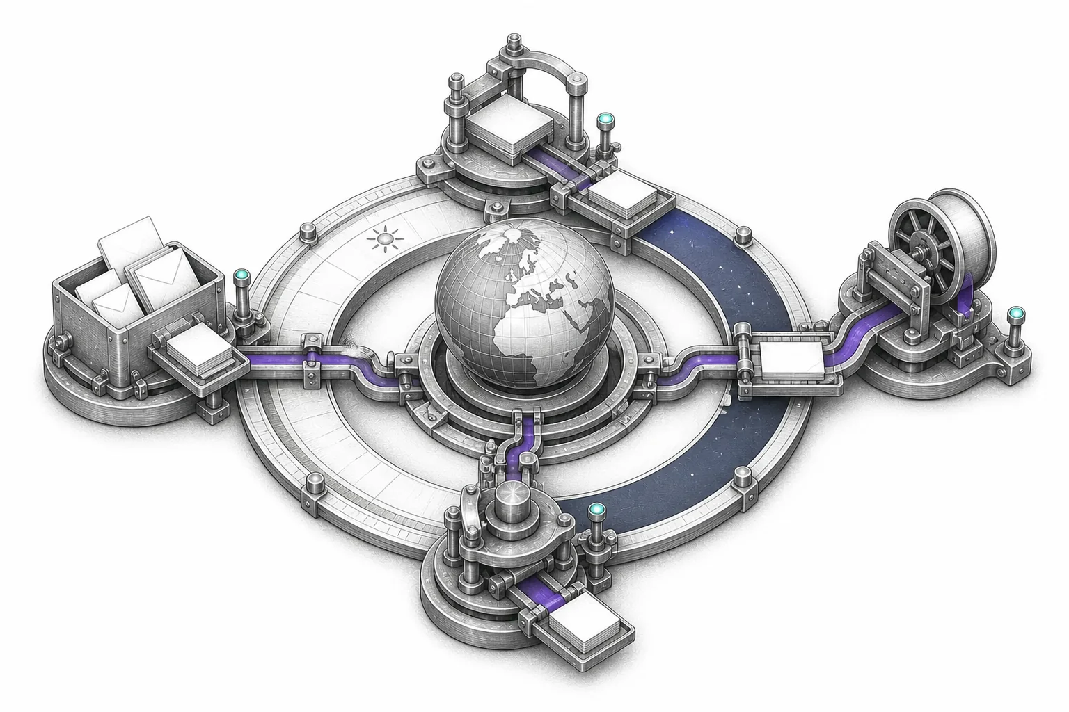 Mechanical work relay connecting four stations around a day and night ring