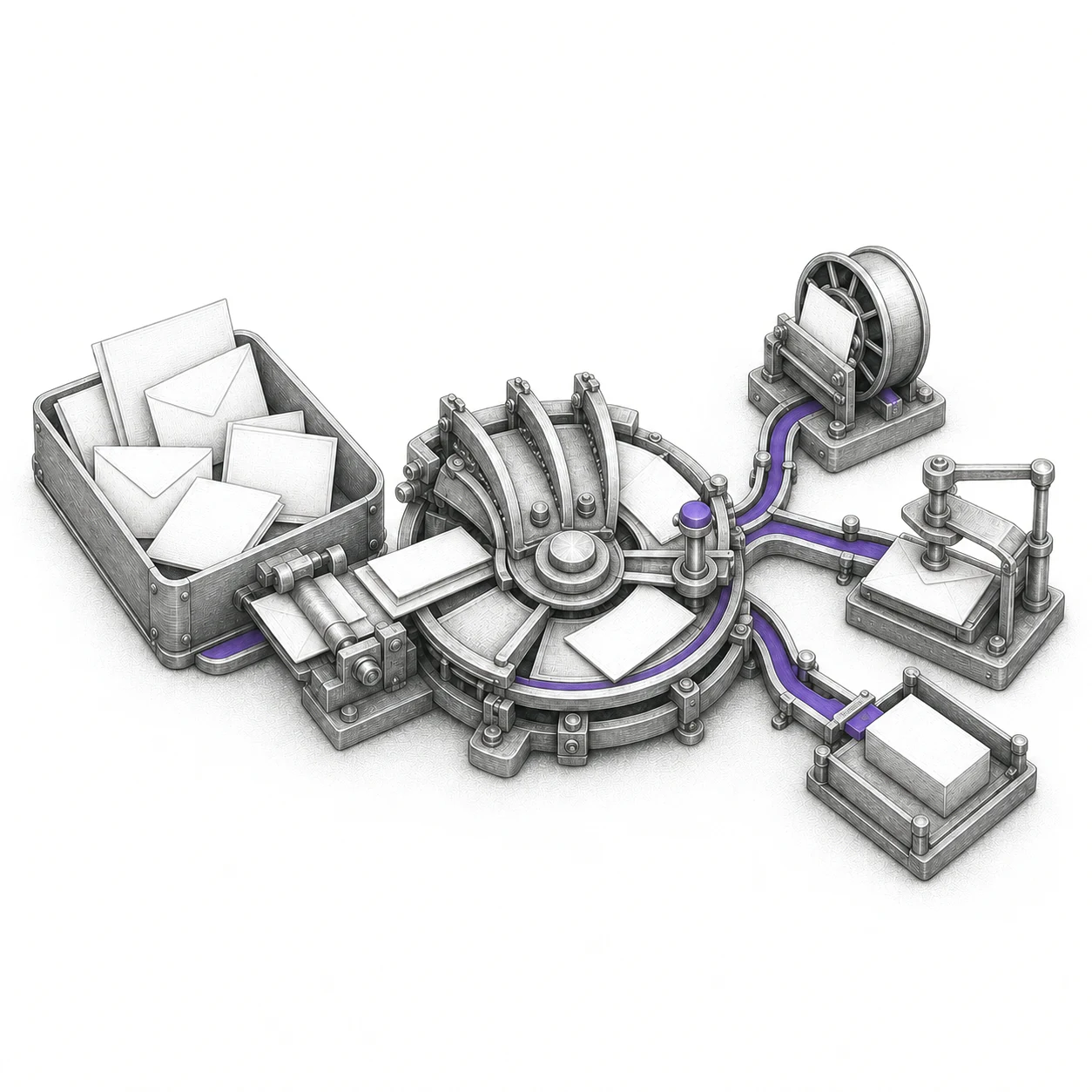 Mechanical inbox routing incoming work into three completed actions