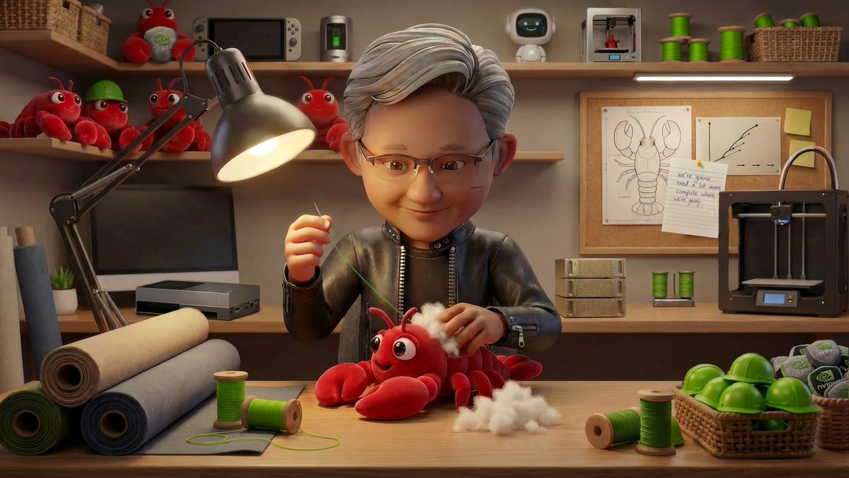 Stylised illustration of Jensen Huang crafting at a workbench